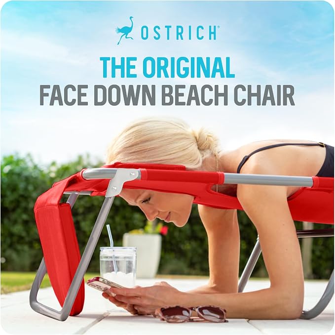 Ostrich the Backpack 3N1 Portable Chair with Cooler Bag and Reclining Lounger for Tanning, Camping, Beach, and Outdoor Essential, Red