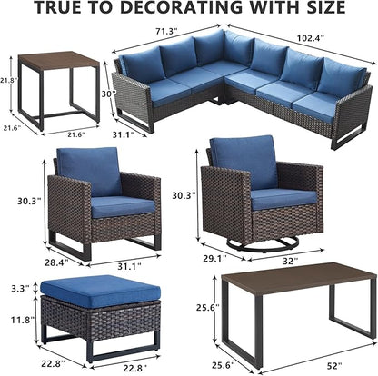 HUMMUH 10 Piece Patio Furniture PE Wicker 6-Seater Outdoor Sectional Sofa with Dinning Table Patio Swivel Chairs Outdoor Chairs for Porch,Garden,Backyard,Deck(Brown/Blue)