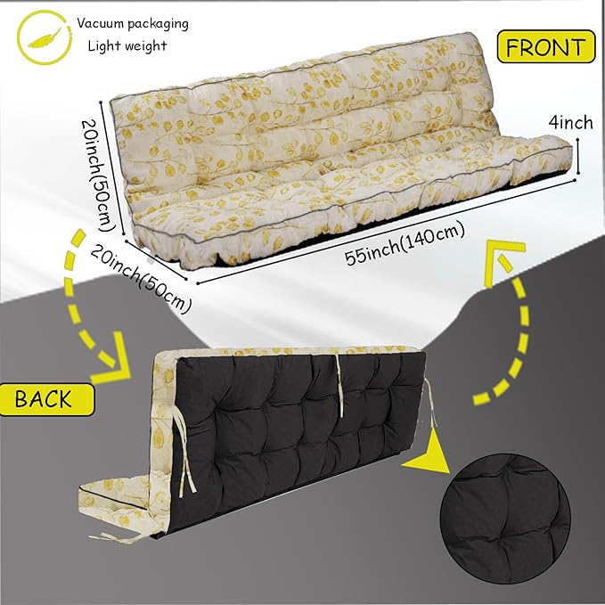Porch Swing Cushion Three Seat, Waterproof Swing Cushions Replacement with Backrest, Outdoor Garden Furniture Patio 4" Thickened Cushions with Ties (Yellow Leaves, 40 x 63in)