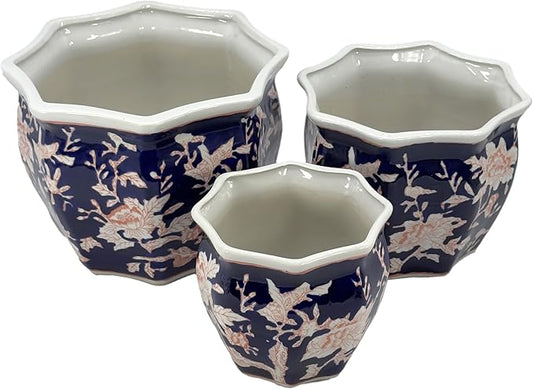Galt International Blue & Pink Round Fluted Floral Porcelain Ceramic Plant Flower Planter Pot Set of 3 (7.5", 10", 13") Garden Pots Chinese Asian Design