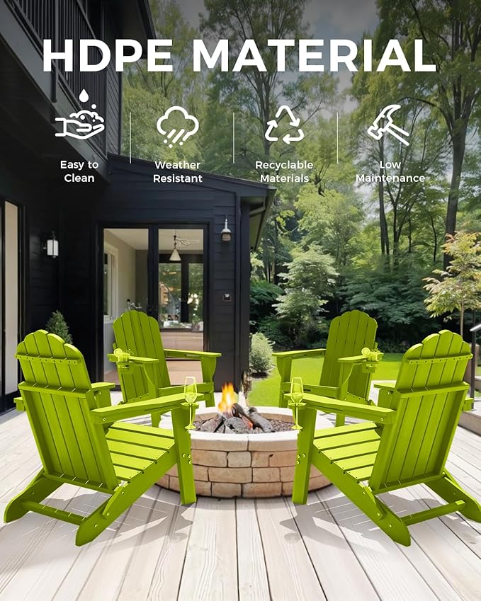 Adirondack Chairs Set of 6, Fire Pit Chairs, Wood Texture Patio Chairs with 2 Cup Holder, Outdoor Lawn Chair, LemonGreen