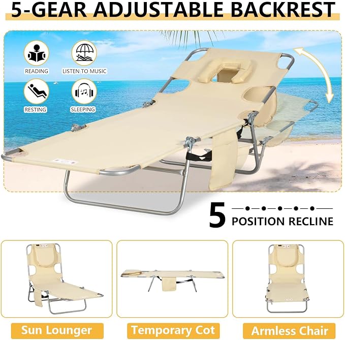 Sun Tanning Chair with Face Hole, Heavy Duty Adjustable 5-Position Folding Laying Out Chairs for Tanning, Beach Lounge Chairs for Adults for Outdoor Sunbathing Patio Pool Lawn (Beige)