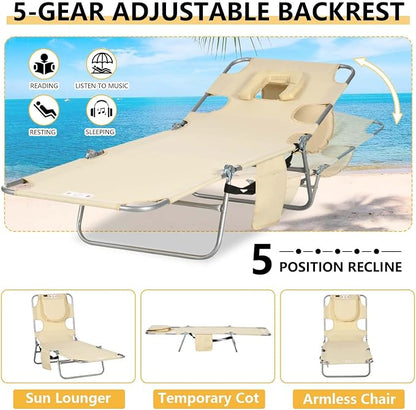Sun Tanning Chair with Face Hole, Heavy Duty Adjustable 5-Position Folding Laying Out Chairs for Tanning, Beach Lounge Chairs for Adults for Outdoor Sunbathing Patio Pool Lawn (Beige)