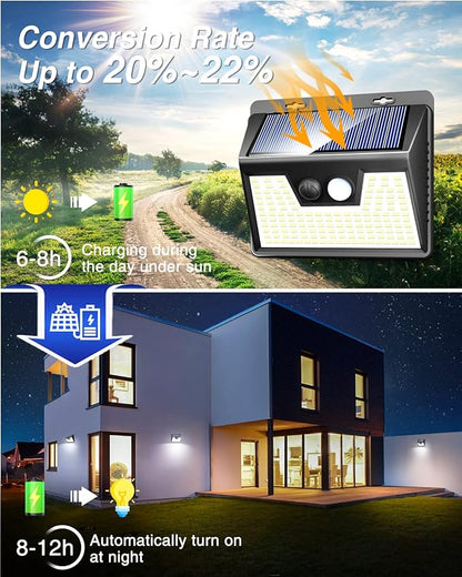 Peasur 140LED Solar Powered Lights Outdoor Waterproof, 3 Packs Motion Sensor Light Ultra-Bright, 3 Modes Fence Security Lighting for Outside Yard Wall Deck Step Garden(Cool White)