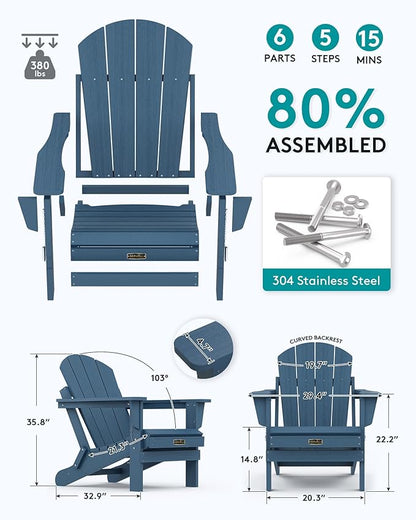 SERWALL Folding Adirondack Chair Patio Chair Lawn Chair Outdoor Adirondack Chairs Set of 6 Weather Resistant for Patio Deck Garden, Backyard Deck, Fire Pit - Blue