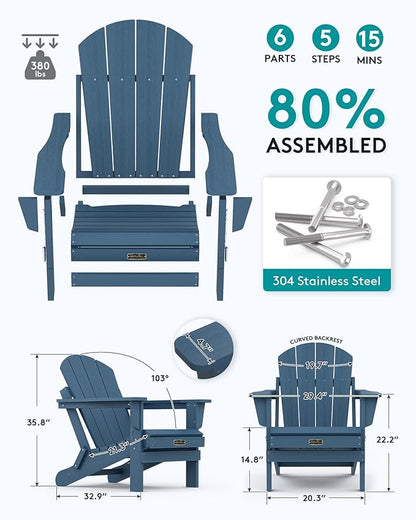 SERWALL Folding Adirondack Chair Patio Chair Lawn Chair Outdoor Adirondack Chairs Set of 6 Weather Resistant for Patio Deck Garden, Backyard Deck, Fire Pit - Blue