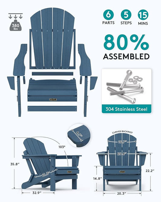 SERWALL Folding Adirondack Chair Patio Chair Lawn Chair Outdoor Adirondack Chairs Set of 6 Weather Resistant for Patio Deck Garden, Backyard Deck, Fire Pit - Blue
