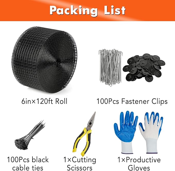 6in x 120ft Solar Panel Bird Guard & Critter Guard Mesh Kit, PVC Coated Wire Mesh Bird Wire with 100 Clips, 100 Cable Ties, Gloves, Pliers, DIY Bird Netting Solar Panel Bird Mesh Barrier