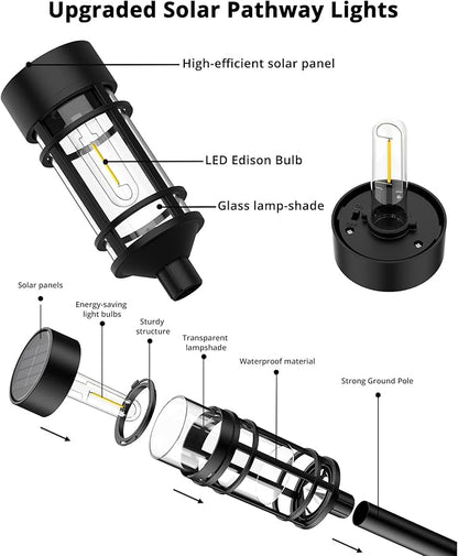 8 Pack Solar Pathway Lights Outdoor, Waterproof Solar Lights Outdoor with Metal & Glass - Auto On/Off, Long-Lasting, Landscape Lighting Garden Decor for Yard, Lawn, Driveway, Walkway