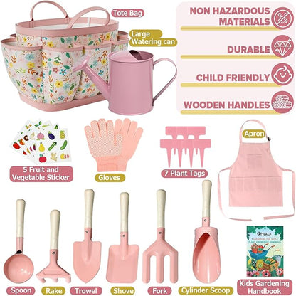 Qtioucp Kids Gardening Set 14Pcs Garden Tools with Tote Bag,Watering Can, Shovel, Apron, Garden Book and More Educational STEM Learning Outdoor for Toddlers Boys Girls (Floral)