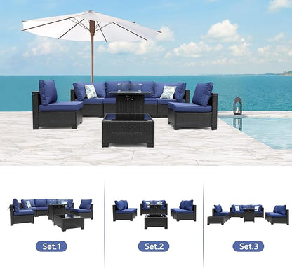 8 Pieces Patio Furniture Set with 28" Fire Pit Table, Wicker Outdoor Sectional Couch, Rattan Conversation Set for Backyard, Deck, Garden Lawn, Coffee/Blue