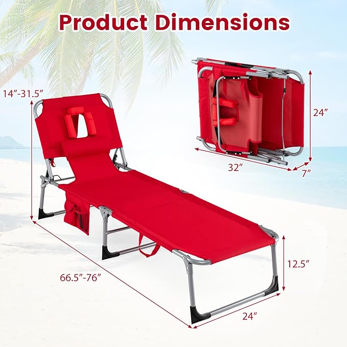 Goplus Tanning Chair, Folding Adjustable Patio Lounger w/Face Arm Holes, 4-Position, 330 LBS, Removable Cushion,Carry Strap, Outdoor Sunbathing Chair, Lightweight Portable Beach Lounge Chair (2, Red)