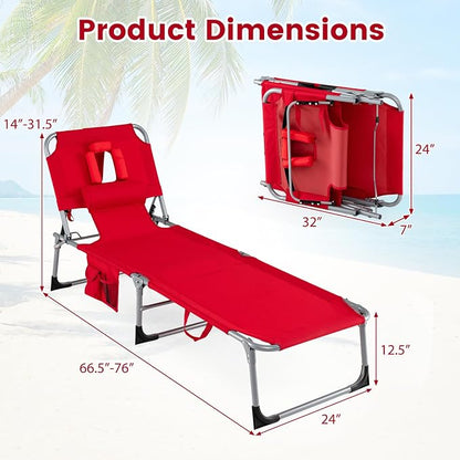 Goplus Tanning Chair, Folding Adjustable Patio Lounger w/Face Arm Holes, 4-Position, 330 LBS, Removable Cushion,Carry Strap, Outdoor Sunbathing Chair, Lightweight Portable Beach Lounge Chair (2, Red)