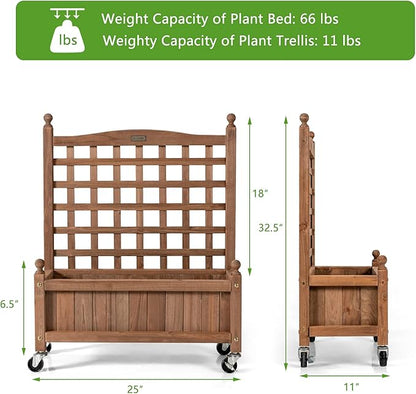 Giantex Mobile Plant Raised Bed, Wood Planter with Lattice Trellis and Wheels, Flower Box for Plant Climbing, Vertical Garden for Balcony Patio Yard (1, 25"x 11"x 32.5")