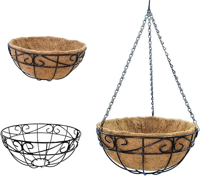 12 inch Metal Hanging Baskets For Plants Outdoor 4 Pack Round Metal Wire Hanging Basket Planter with Coco Fiber Liners Chain Round Wire Plant Holder for Garden, Patio, Deck, Porch Plants Flower Potss
