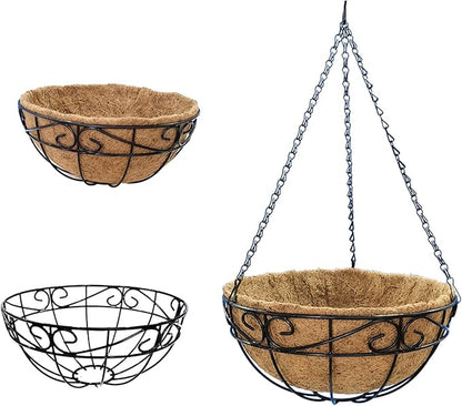 12 inch Metal Hanging Baskets For Plants Outdoor 4 Pack Round Metal Wire Hanging Basket Planter with Coco Fiber Liners Chain Round Wire Plant Holder for Garden, Patio, Deck, Porch Plants Flower Potss