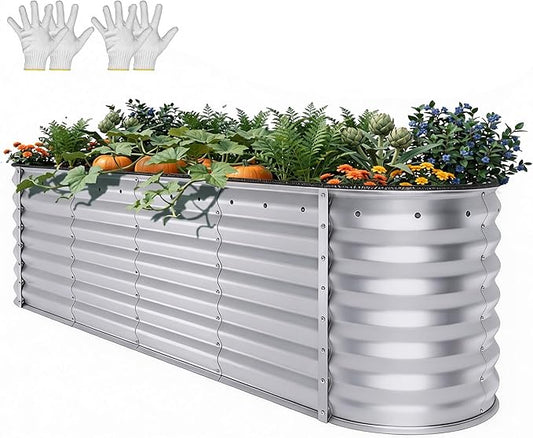 YITAHOME 8x2x2ft Large Raised Garden Bed Kit, 24" Tall 9 in 1 Galvanized Metal Planter Box with Gloves and Safety Rubber, Outdoor Above Ground Planters for Plants Vegetables Flowers, Silver