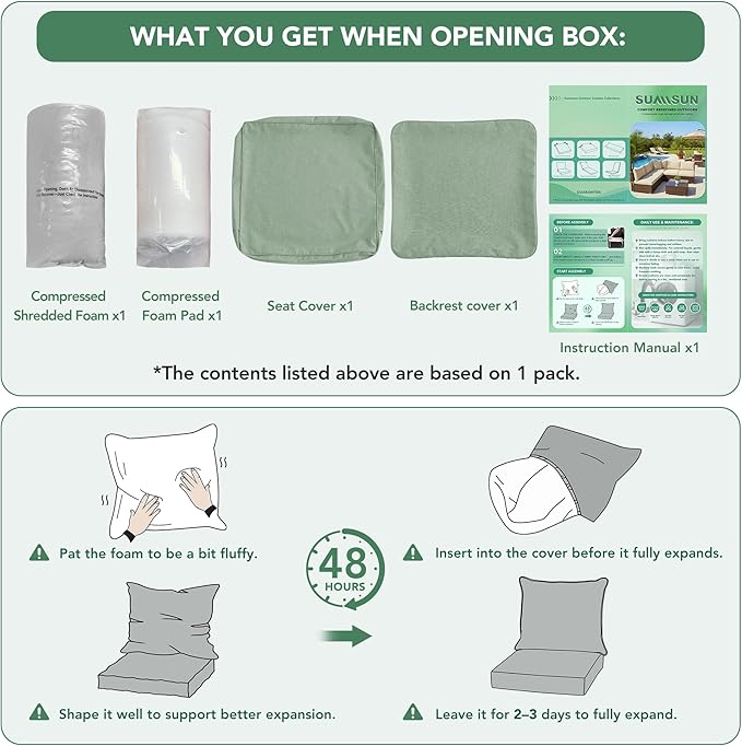 Summsun Outdoor Cushions for Patio Furniture, Faux Linen Water Resistant Backrest and Deep Seat Cushion Set with Removable Cover, Ties, Non-Slip Bottom, 22 x 22 Inch, Sage Green, Set of 2