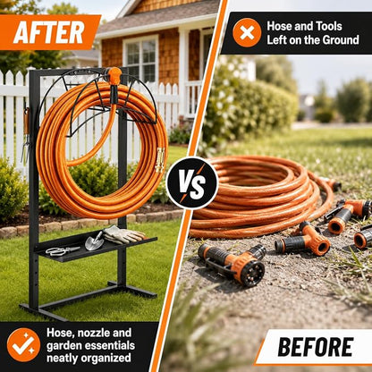facka Garden Hose Holder Freestanding Metal Hose Stand 4-Prong Shelf Hooks | Holds up to 160FT Hose for Yard Garden Outdoor，Water Hose Holder and Hose Hanger, Alternative to Hose Reels for Outside