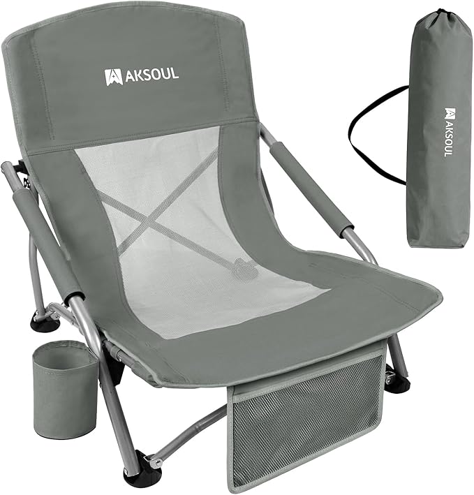AKSOUL Folding Beach Chair for Adults: Low/High Back Chairs with Carry Bag - Extra Wide Seat Chair with Comfortable Pillow & Storage Pocket (1 Pack & 2 Pack, Blue)