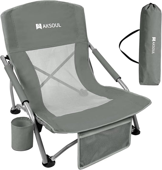 AKSOUL Folding Beach Chair for Adults: Low/High Back Chairs with Carry Bag - Extra Wide Seat Chair with Comfortable Pillow & Storage Pocket (1 Pack & 2 Pack, Blue)