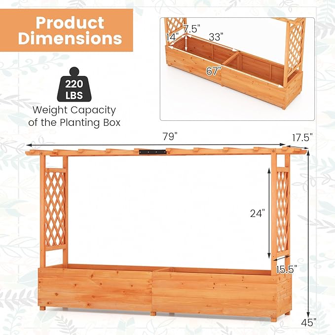 S AFSTAR 45-Inch Raised Garden Bed with Arch Trellis, Hanging Roof, Planter Box, Drainage Holes, Vertical Plant Container for Vine Climbing Plant Flower, Flower Bed Wood Planter for Indoor & Outdoor