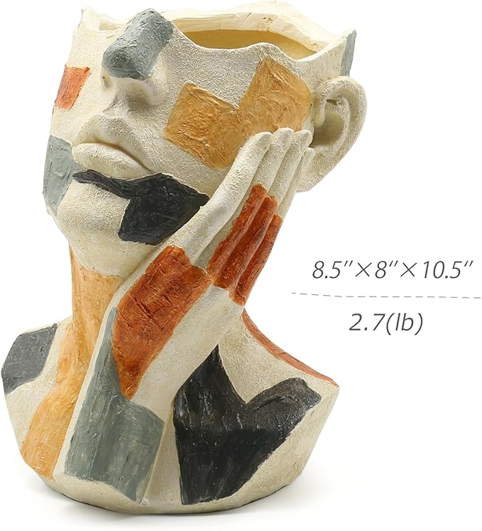Lukitas Abstract Face Planter, Faux Sandstone Decorative Vase, Colorful Handcrafted Artistic Flower Plant Pot for Garden Patio Living Room, Resin 10.5''