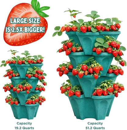 Large Vertical Planter Tower, 4 Tier Stackable Garden Planter, 28 Plant Sites, Heavy Duty Strawberry Planter, Vertical Growing System with Center Hole, Made in USA (Mineral Teal, Large)
