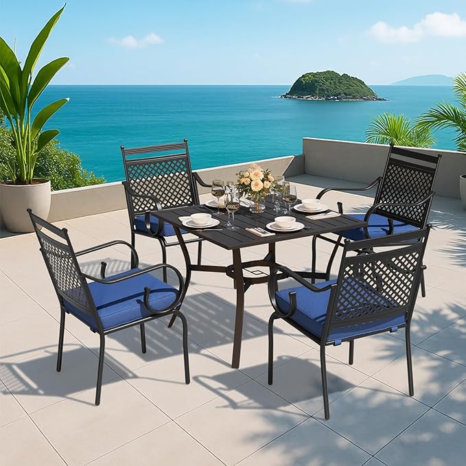 MELLCOM Patio Dining Chairs Set of 6, Heavy Duty Outdoor Dining Chairs with Armrests and Cushions, Iron Metal Patio Chairs for Outside, Garden Lawn & Porch, Backyard, Blue