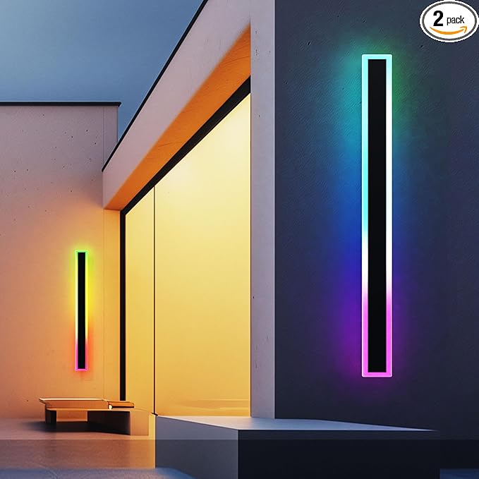 2PCS 47" RGBW LED Long Wall Light Outdoor, Black Led Wall Sconces, IP66 Waterproof Lighting, Exterior Light Fixtures Wall-Mount, APP Control for Outdoor/Indoor Party Gathering