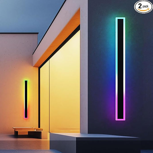2PCS 47" RGBW LED Long Wall Light Outdoor, Black Led Wall Sconces, IP66 Waterproof Lighting, Exterior Light Fixtures Wall-Mount, APP Control for Outdoor/Indoor Party Gathering