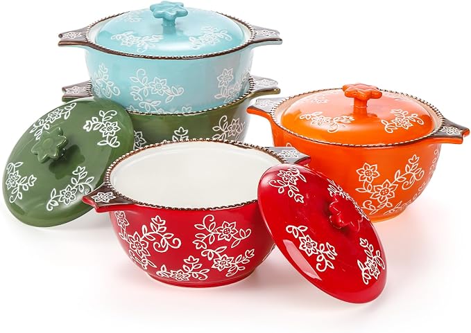 AVLA 4 Pack Ceramic Soup Bowls with Lid and Double Handles, 22 OZ French Onion Soup Crock, Small Casserole Dish for Oven, Mini Cocotte Set Baking Ramekins for Stews, Cereal, Oatmeal or Pasta