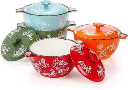 AVLA 4 Pack Ceramic Soup Bowls with Lid and Double Handles, 22 OZ French Onion Soup Crock, Small Casserole Dish for Oven, Mini Cocotte Set Baking Ramekins for Stews, Cereal, Oatmeal or Pasta