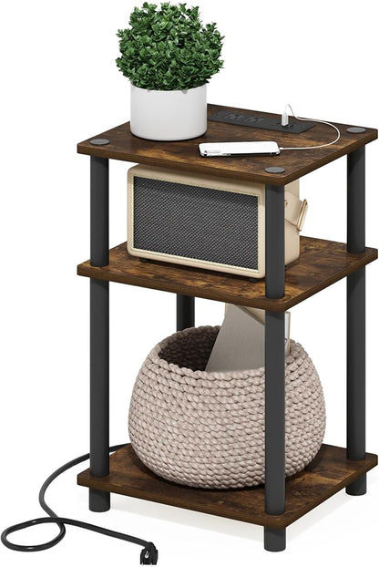 Furinno Just 3-Tier Turn-N-Tube USB and Type-C Charging Port End Table with Open Storage, 11.42 (W) x 8.82 (H) x 6.77 (D) inches, Amber Pine/Black