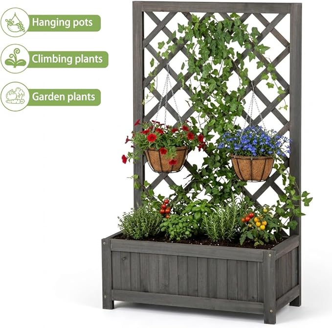 Wooden Raised Garden Bed with Trellis, 40" Outdoor Planter Box for Climbing Plants, Vertical Modern Gray Garden Planter for Vegetables, Flowers & Vines, Lattice Plant Support for Patio Yard Balcony