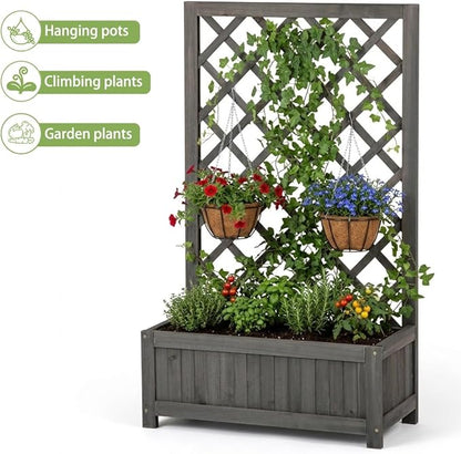 Wooden Raised Garden Bed with Trellis, 40" Outdoor Planter Box for Climbing Plants, Vertical Modern Gray Garden Planter for Vegetables, Flowers & Vines, Lattice Plant Support for Patio Yard Balcony