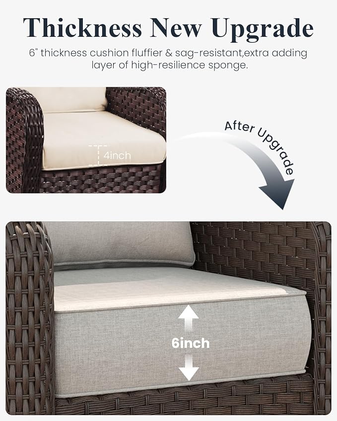 LayinSun 7 Piece Wicker Outdoor Furniture Set with 6-inch Comfy Cushions, High Back Patio Furniture Set with Swivel Rocking Chairs and Fire Pit Table