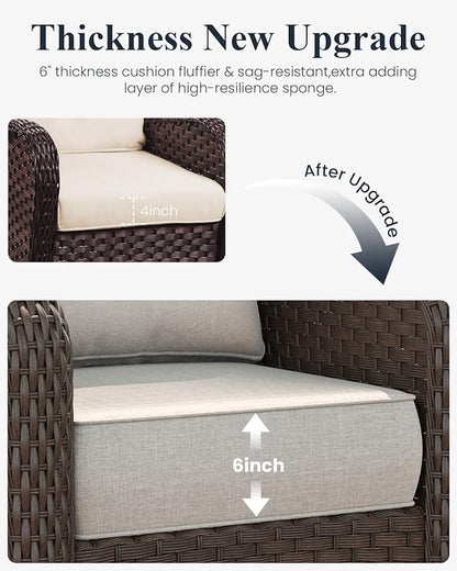 LayinSun 7 Piece Wicker Outdoor Furniture Set with 6-inch Comfy Cushions, High Back Patio Furniture Set with Swivel Rocking Chairs and Fire Pit Table