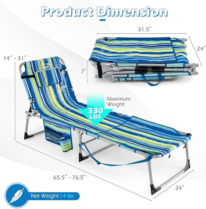 GYMAX Tanning Chair, 330LBS Beach Lounge Chair w/Face Arm Hole & Hand Shoulder Strap, Folding Layout Sunbathing Chair, Face Down Outdoor Chaise Lounger for Patio, Poolside, Backyard (2, Blue Stripe)