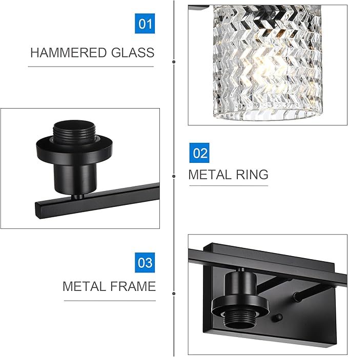 MELUCEE 6 Lights Bathroom Lighting Fixtures Over Mirror Black with Hammered Glass Shade, Vanity Light Indoor Wall Mounted Lamp for Bathroom Bedroom Kitchen