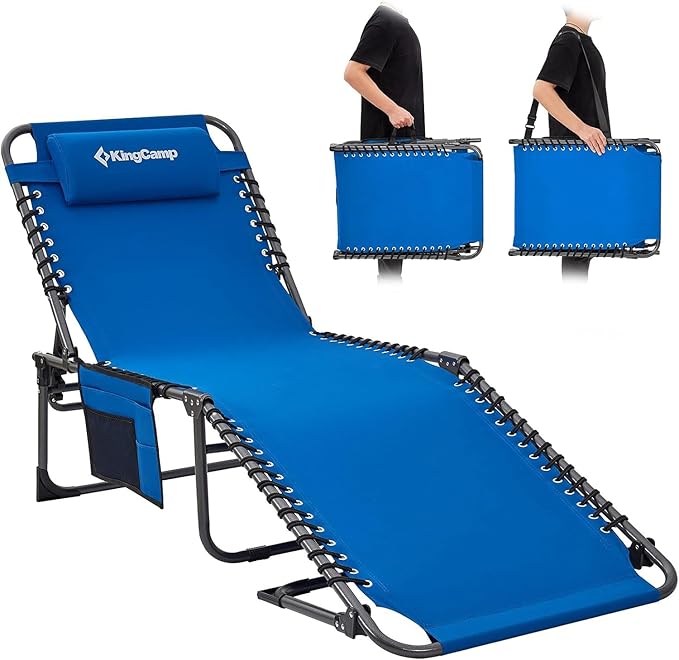 KingCamp Lounge Chair Outdoor, Folding Portable Tanning Chairs Comfy Adjustable 5-Position Lay Flat Foldable Chaise Chaser Lounger with Pillow for Outside Beach Patio Sun Bathing Pool Backyard, Blue