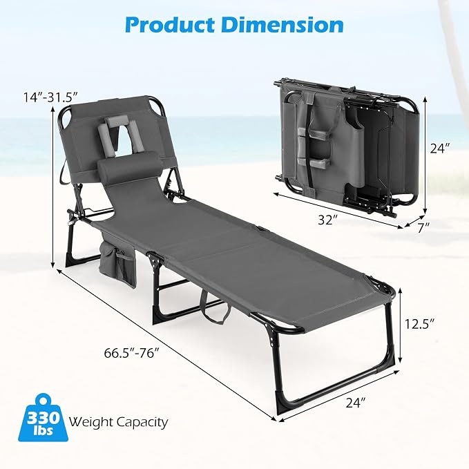 Goplus Tanning Chair, Folding Adjustable Patio Lounge Chair with Face Hole, Removable Pillow, 330LBS, Carry Strap, Outdoor Sunbathing Chair, Lightweight Portable Beach Lounge Chair, No Assembly
