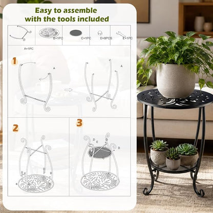 2-Tier Metal Round Side Table Black Accent Coffee Tables Small Space Corner Plant Stand Shelf for Indoor Outdoor Porch Patio Balcony Living Room End Table with Storage, Rust-Proof