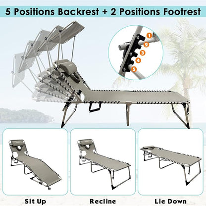 Outdoor Tanning Chair with Sun Canopy Shade & Face Hole, Folding Lounge Chair with Beach Table and Carry Bag for Poolside Sunbathing Lawn