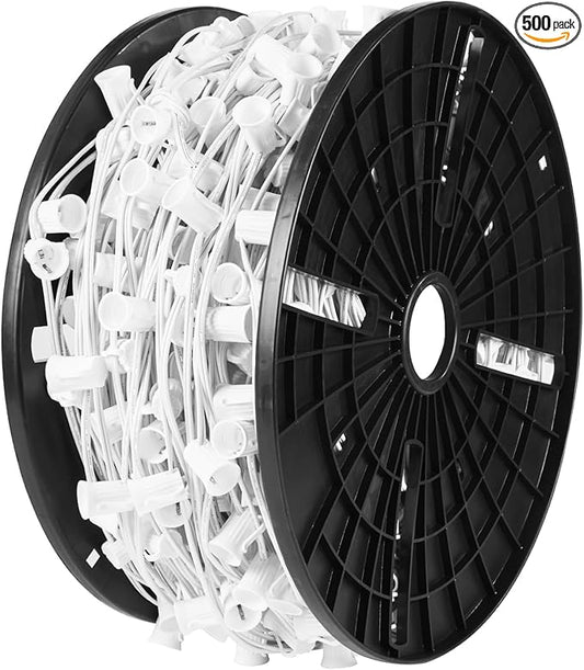 Brightown Commercial C9/E17 500' Christmas Light Sockets Set Spool, 12" Spacing White Wire, UL Listed