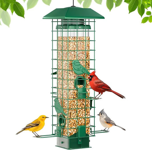 Squirrel Proof Bird Feeder, Metal Bird Feeders for Outdoors Hanging, Weight Activated, 3Lb Capacity, 4 Ports, All-Weather Tube Bird Feeder for Outside, Cardinal Finch Bluebird Wild Bird Feeder