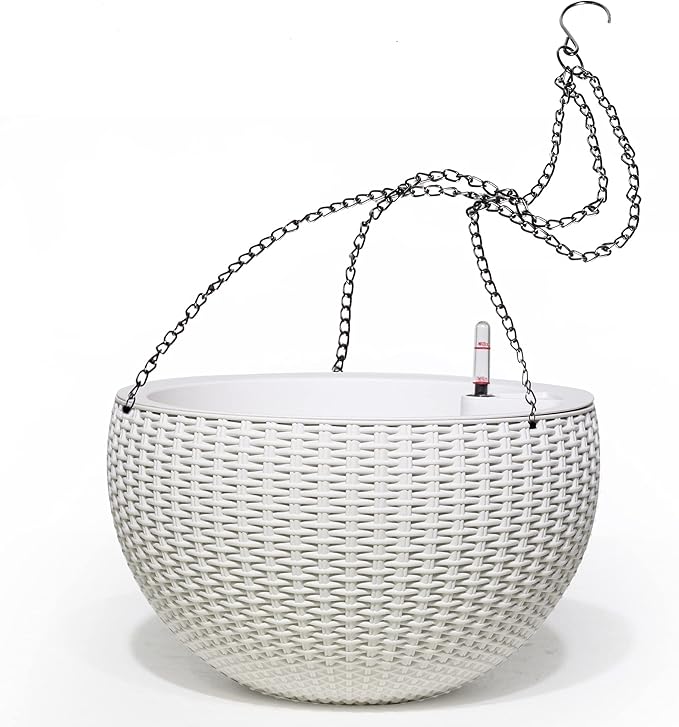 Dexceder 10.5 Inch Large Self Watering Hanging Planters Indoor Outdoor, Thickened Hanging Basket Flower Plant Pot with Water Level Indicator (White)