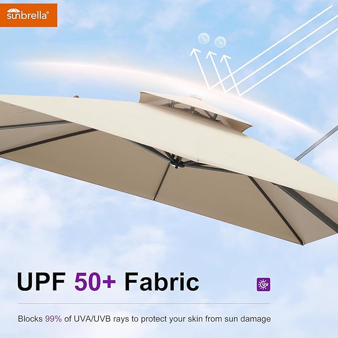 PURPLE LEAF Sunbrella Patio Umbrella 10' X 13' Outdoor Patio Rectangular Double Top Large Heavy Duty 360° Rotation Offset Umbrella for Outside Deck Backyard Garden Pool Spectrum Sand