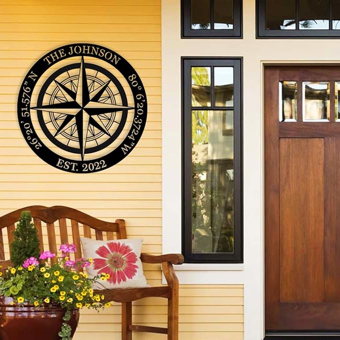 Nautical Wall Decor, Nautical Compass GPS Coordinates Metal Sign with Last Name Date, Metal Compass Decor, Personalized Outdoor Family Name Sign, Housewarming Gift