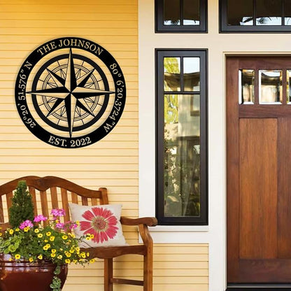 Nautical Wall Decor, Nautical Compass GPS Coordinates Metal Sign with Last Name Date, Metal Compass Decor, Personalized Outdoor Family Name Sign, Housewarming Gift